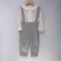 Clothing Sets Boy Grey Wool Strap Trousers Set Cotton White Plaid Shirt Long Sleeves Winter British Birthday Eid Clothes Children Boutique