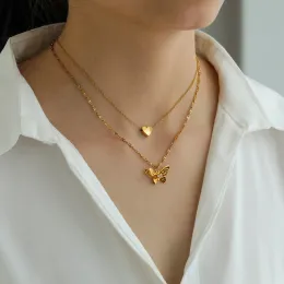 14k Gelbgold Doppelschicht Schmetterling Herz Anhänger Halskette für Frauen Mädchen Luxus Schlüsselbein Ketten Hochzeit Schmuck Geschenk