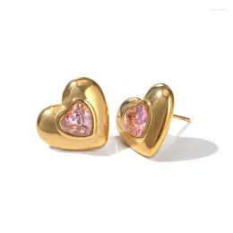 Stud Earrings ALLME Simple Pink CZ Cubic Zirconia Love Heart For Women 18K Gold Plated Stainless Steel Statement Earring Gift