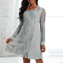 Robes décontractées Femmes Robe élégante col rond taille serrée dentelle manches longues midi pour maille transparente