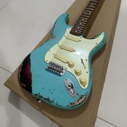 무거운 유물 S T 기타 알더 바디 메이플 목도 노인 하드웨어 블루 컬러 니트로 래커 마감 전기 기타