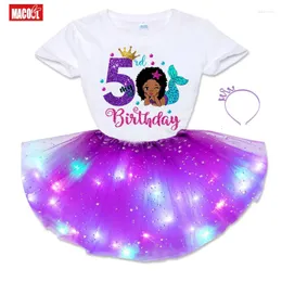 Vestidos de menina sereia festa de aniversário camiseta conjunto roupas vestido tutu pequena princesa afro luz 2 3 5 6 7 anos