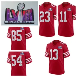 LVIII Superbowl Football 13 Purdy 85 Kittle 23 McCaffrey 29 Hufanga 97 Bosa 19 Samuel 54 Warner 25 Mitchell 16 Joe 80 Rice 11 Aiyuk Jersey Red White Black 49 W 58th SB Patch