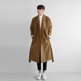 Outono e inverno nova edição coreana casaco de lã de algodão masculino quente comprimento médio blusão casual cinto casaco masculino
