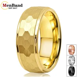 Bands MenBand 6MM 8MM Men Women Gold Color Tungsten Carbide Wedding Ring Stepped Edges Multifaced Hammered Brushed Finish Comfort Fit