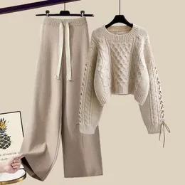 2023 Set Autunno/Inverno delle nuove donne in Corea Elegante e alla moda maglione lavorato a maglia caldo pull + pantaloni larghi a gamba larga Set a due pezzi 240129