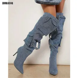 Stivali invernali nuove donne moda blue jeans stivali di jeans scarpe a punta tasca sopra gli stivali al ginocchio femminile sottile tacco alto coscia allentata BotasL2401