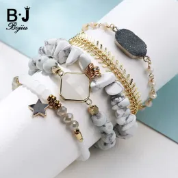 Bilezikler bojiu 5pcs/set siyah yıldız kolye beyaz howlite cips elastik bilezik altın balık kemik zinciri doğal gri druzy bilezikler bcset31