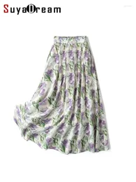 スカートスヤドリーム女性のための長いプリーツスカート本物のシルクの花の花の印刷弾性ウエストシフォン2024春の夏の底