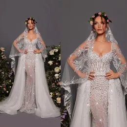 Abito da sposa sexy a sirena con velo Innamorato con cinturino per spaghetti Abiti da sposa Perle Paillettes Abiti da treno staccabili per la sposa Abiti su misura da sposa