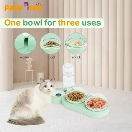 Alimentadores PAWING Automatic Food Cat Bowl 3 em 1 Cat Feeder Pet Bebedor para gatos Dispensador de armazenamento de água Double Bowl Recipiente de suporte elevado