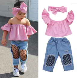 Kleidung Sets 3 stücke Kleinkind Kinder Mädchen Set Off Schulter Tops Gefälschte Netz Socken Denim Hosen Jeans Outfits Kleidung kinder