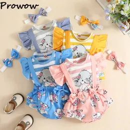 Conjuntos de roupas Prowow 0-18m Elefante Bebê Menina Roupas para Nascidos Listrado Ruffled T-shirts Suspender Bodysuit Verão Meninas Outfit