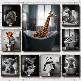 Gemälde, lustiges Tier im Badezimmer, Poster, Giraffe, Elefant, Orang-Utan, Zebra, sitzend, Badewanne, Leinwand, Gemälde, Toilette, Wandkunst, Bilder