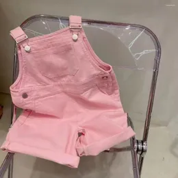 Pantaloni Estate 2024 Bretella Lunghezza al ginocchio Sciolto Dritto Rosa Cotone Solido Pulito Dolce Moda Unico Casual Designabile Ragazze Bambini