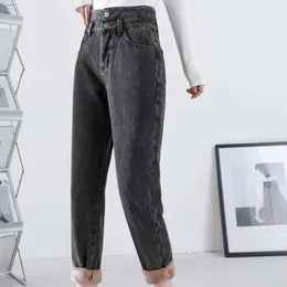 Kvinnors jeans byxor hög midja lös förtjockad varm plysch rak haren ben damer pantalones de mujer