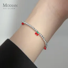 Strands Modian Real 925 Sterling Silver Basic Cherry Round Beads調整可能なブレスレット