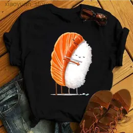 T-shirt da donna Donna T-shirt nera Estate Carino Sushi abbraccio Manica corta Tees camicia femme 2022 Estate O-Nock Kawaii Abbigliamento Top Donna T-shirt 240130