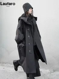 Lautaro Bahar Sonbahar Uzun Büyük Boy Siyah Trençkotlu Koyu Akademi ile Kadınlar İçin Estetik Lüks Tasarımcı Kıyafetleri 240124