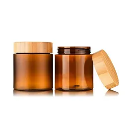 Vücut Tereyağı Krem Konteyner Ambalaj Şişeleri Amber Pet Kozmetik 5 oz 8oz Plastik Kavanoz Vida Kapağı Bambu Ahşap Kapak 50ml 150ml 250ml LCWN