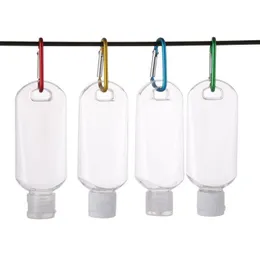 50 ml Hand Sanitizer -flaska för desinfektionsmedel Flytande flip toppkåpan med nyckelringskrok transparent plastflaska för resor GBVKB SVMRA