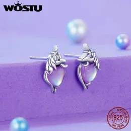 Earrings WOSTU Original 925 Sterling Silver Fantasy Unicorn Stud Earrings with Heart Shape glass for Women Romantic Party Fine Jewelry