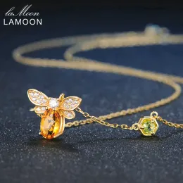 Pendants LAMOON Natural Citrine Gemstone Necklaces For Women Little Bee Pendant 925 Sterling Silver Chain 14K Gold Plated Fine Jewelry