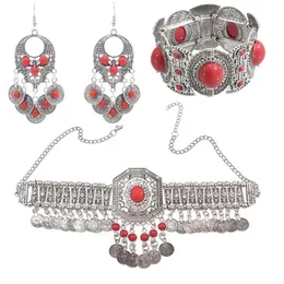 Gypsy Necklace Armband Earring Set for Women Boho Hippie Coin Tassel Red Blue Stone Turkish Tribal Smycken Set Party Gift 240118