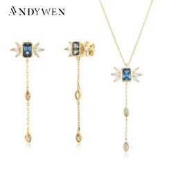 목걸이 Andywen Spring 925 Sterling Silver Gold Blue Zircon CZ Love Wing 펜던트 Long Chain Necklace Earring Ring Fine Jewelry Set