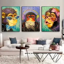 재미있는 패션 원숭이 초상화 포스터 캔버스 유화 귀여운 동물 벽 예술 거실 가정 장식