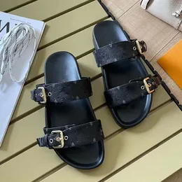 Top Quality Designer Sandália Mules Couro Genuíno Sapato Sandale Fivela Ajustável Mulher Chinelo Plana Slide Sliders Verão Luxo Designer Sliders Sandália de Luxo