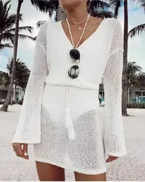 Vestidos casuais básicos para praia manga comprida crochê maiô capa ups 2023 pulôver sexy ver através vestido de praia mulheres capa de biquíni beachwear j240130
