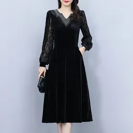 Casual Dresses 2024 Spring Fat Mm Diamond V-neck Long Sleeve Canary Dress Temperament With Pocket Skirt