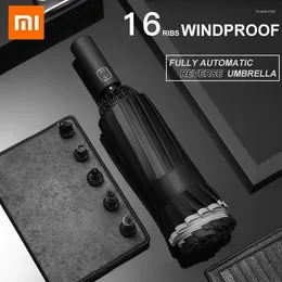 Umbrellas Xiaomi 16Ribs MenWomen Umbrella Large Windproof Reflective Stripe Reverse Automatic Sun Rain Luxury Business CarTravel