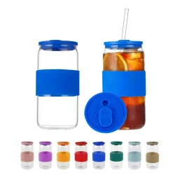 16oz 20oz Clear Soda Beer Can Glass Cups With Colorful Silicon Sleeve and Lids Mason Tumbler Juice Jar Iced Beverage Drinking Glasses Smoothie Cups Coffee Mugs1.30