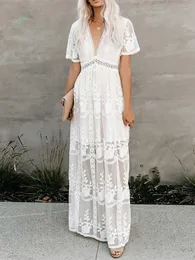 Basic Casual Dresses Jastie 2023 Summer Bohemian Women's Maxi Dress Loose Embroidered White Lace Long Tone Beach Dress Holiday Women's Dress J240130
