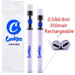 Cookies Disposable Vape Pen Empty 0.5ml 0.8ml Ceramic Coil Cartridge Vaporizer Pen Packaging With 350mah Rechargeable Battery