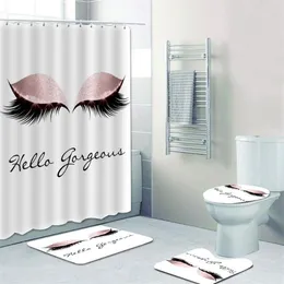 Trendy Rose Gold Eyelash Dusch Curtain Set Badrumsgardin med badmatta matta för toalettglitter Hello Gorgeous Decor 2011256b