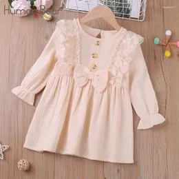 Vestidos da menina humor urso meninas vestido primavera manga longa plissado rendas retalhos sólido arco princesa criança crianças roupas