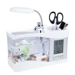 Tanks USB laddningsbart skrivbordsakvarium Mini Fish Tank Multifunktion Aquarium w/ LED Light LCD Display Screen and Clock Fish Supplies