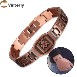 Bracelets Masonic Magnetic Bracelet Copper 12mm Wristband Magnetic Men Bracelet Arthritis Vintage Ethnic Tribal Eye Health Energy Bracelet