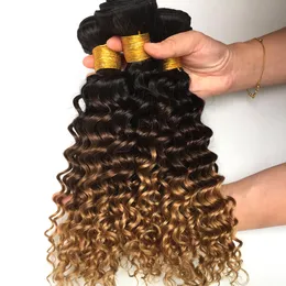 Ombre 1b/4/27 brasileiro onda profunda humano remy cabelo virgem tece 100g/pacote tramas duplas 3 pacotes/lote completo e macio