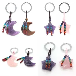 سلاسل المفاتيح KFT Natural Healing Stone 7 Chakra Keychain Moon Star Pink Quartz Crystal Prendant Sliver Color Key Ring Car Decor