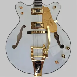 Semi-hollow jazz electric guitar, double output mahogany fingerboard, large tremolo bridge, fast transport, six strings