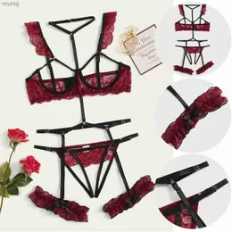 Other Panties Sexy Lace Lingerie Set Womens Underwear Transparent Open Bra Panty Sets Garter Black Erotic YQ240130