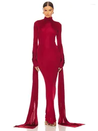 Casual Dresses Sexy Red Patchwork Lace-up High Necked Long Sleeves Drapiertes Kleid Frauen Plissee Maxi Bodycon Abend Club Party