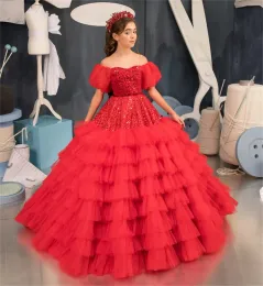 Luxo longo vermelho flor menina vestidos fora do ombro lantejoulas tule mangas curtas vestido de baile em camadas até o chão feito sob encomenda para festa de casamento