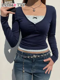 Iamty Polka Dot Baskılı Dantel Patchwork Sahte Twopiece Top Y2K Coquette Uzun Kollu Tshirt Harajuku Külot Sevimli Tees Casual 240123