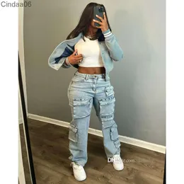 Denim Pants Women Streetwear Zipper Fly MultiPocket Side Cargo Straight Pant 2024 Fashion Wide Leg Jeans Trousers Outfits