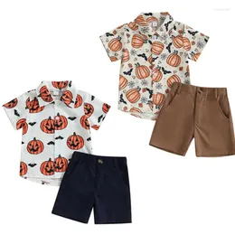 Conjuntos de roupas Focusnorm 1-6Y Criança KidsBoys Halloween Roupas 2pcs Manga Curta Camisa de Impressão de Abóbora Shorts Sólidos